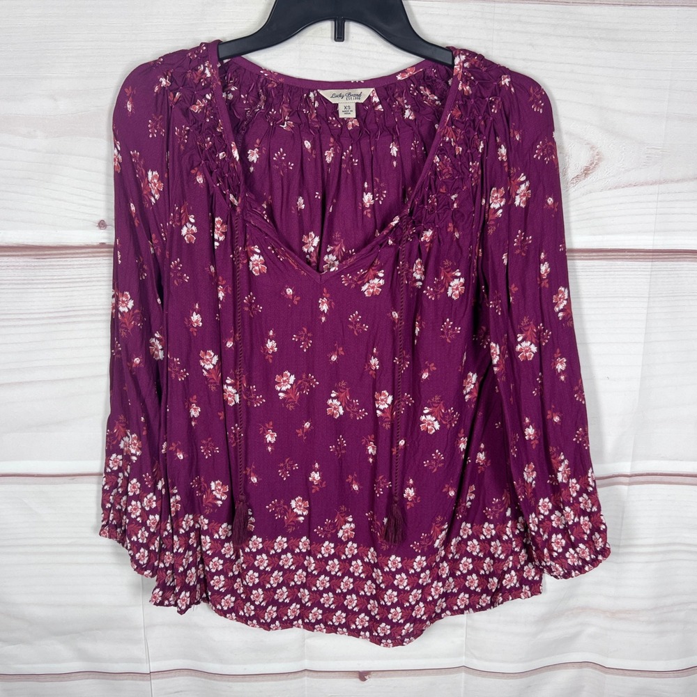 Lucky Brand Top Women XS Purple Floral Peasant Blouse Long Sleeve Smocked V-Neck